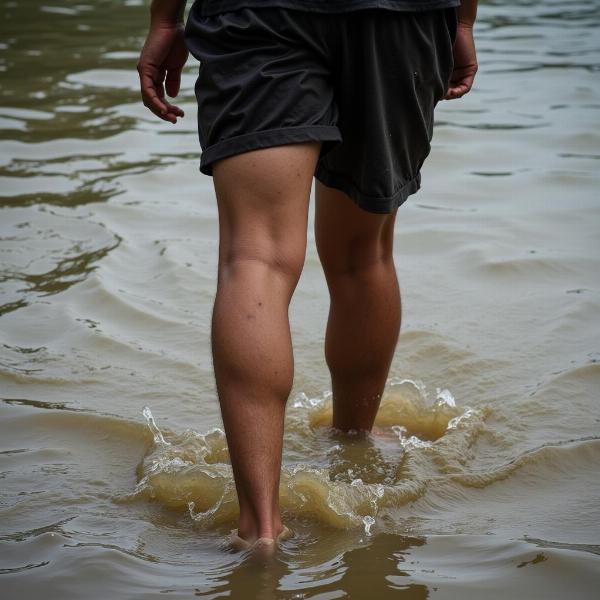 Atravessando rio com água suja com dificuldade