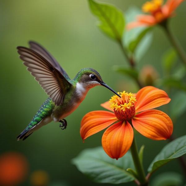 Beija-flor verde em uma flor colorida