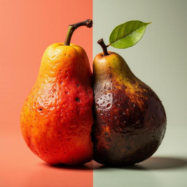 Comparação entre frutas maduras e suculentas e frutas podres, representando a dualidade entre prosperidade e decepção nos sonhos.