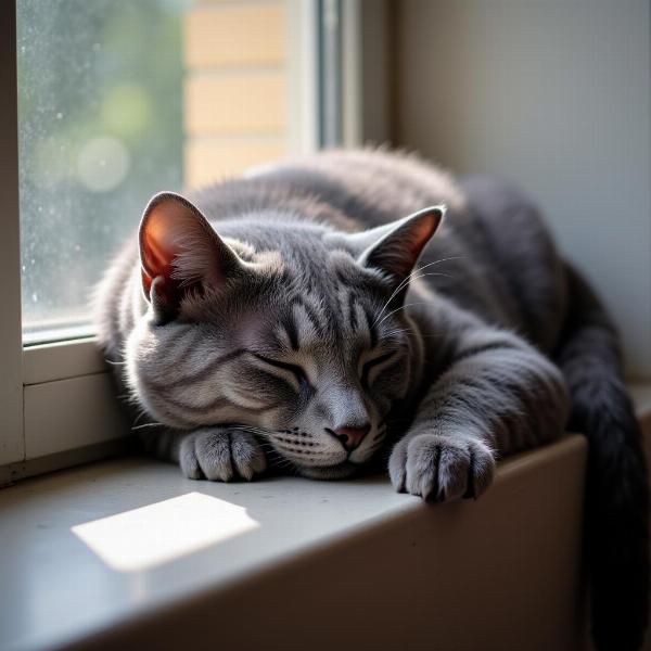 Gato cinza dormindo na janela