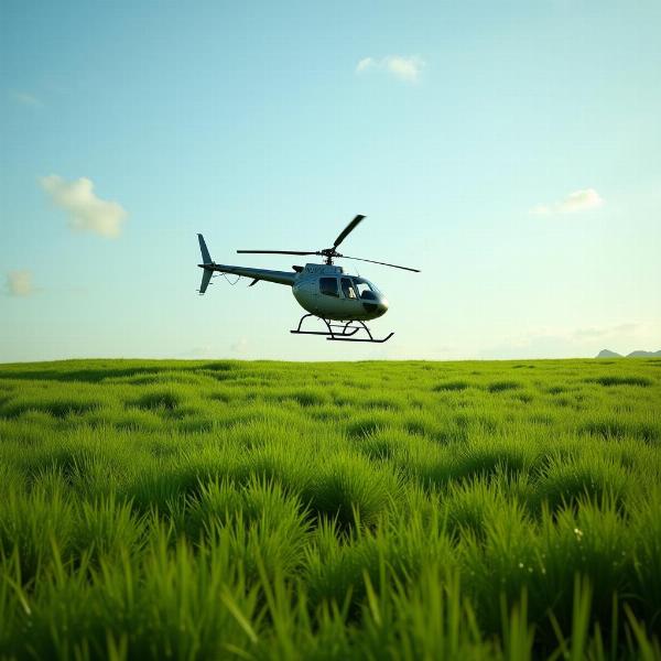 Helicóptero pousando suavemente em um campo verde, representando a concretização dos objetivos.