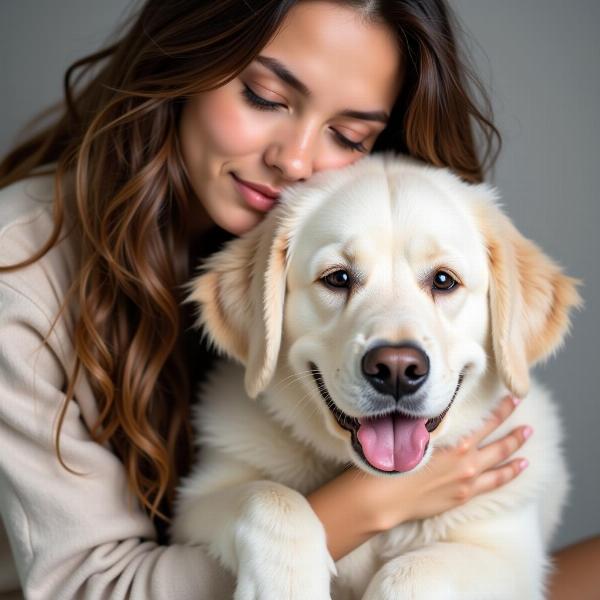 Mulher abraçando um cachorro branco manso com carinho