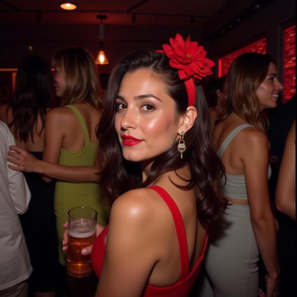 Mulher com acessório vermelho em festa