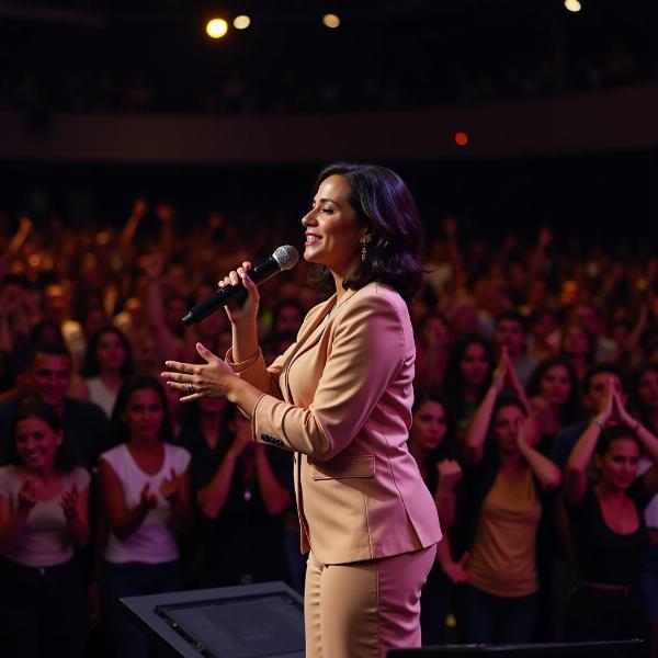 Gisele Nascimento cantando "O Sonho Não Acabou" com expressão de fé e esperança.