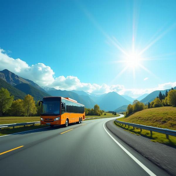 Ônibus na estrada com paisagem bonita, céu azul e sol brilhando