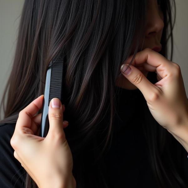 Penteando cabelo preto longo em um sonho