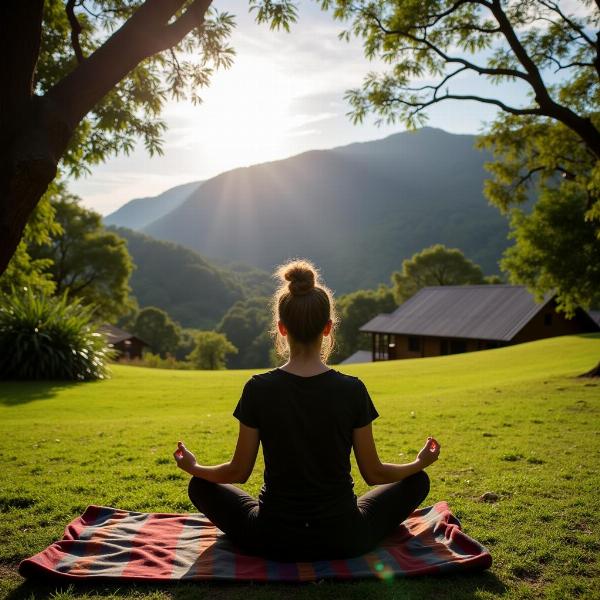 Pessoa meditando em uma pousada tranquila no Vale dos Sonhos, buscando paz interior e conexão com a natureza.