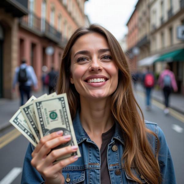 Mulher sorrindo após sonhar que achou dinheiro na rua