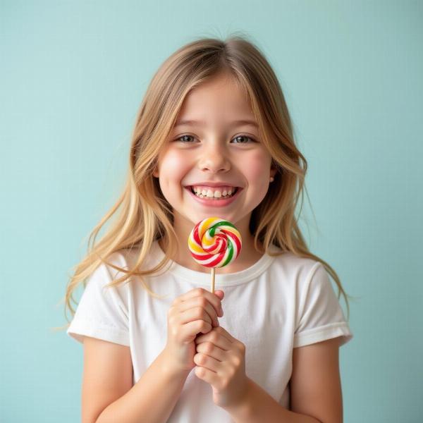 Sonhar com balinha doce e infância: Uma menina sorridente segura um pirulito colorido, lembrando a alegria e a inocência da infância.