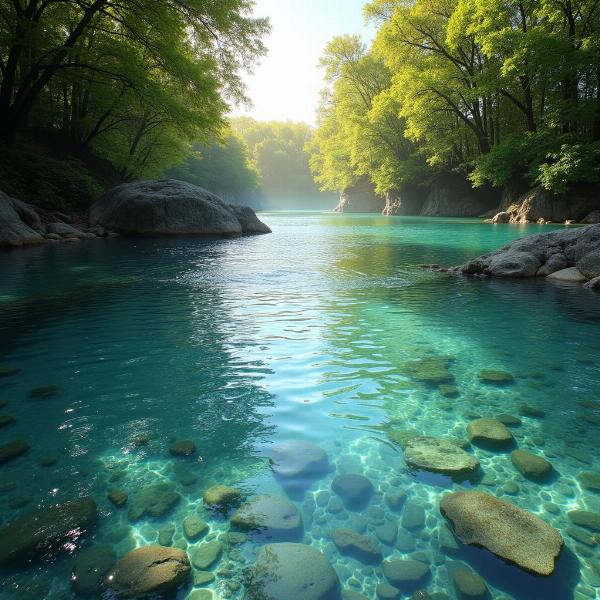 Sonhar com bastante água limpa: Rio tranquilo e sereno com água cristalina, banhado pelo sol da manhã, transmitindo paz e tranquilidade.