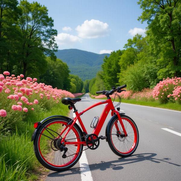 Sonhar com bicicleta vermelha em uma estrada florida