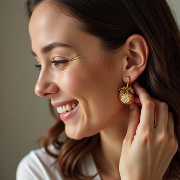 Sonhar com brinco de ouro:  Uma mulher sorridente admira um par de brincos de ouro em suas orelhas.