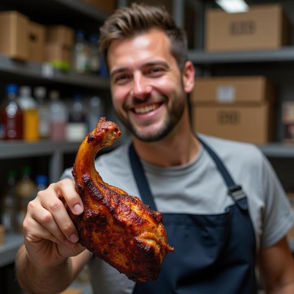 Uma pessoa sorridente, em um ambiente de trabalho, comemorando uma conquista profissional com um pedaço de carne assada na mão.