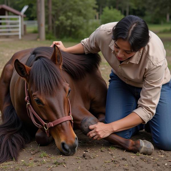 Cavalo ferido recebendo cuidados