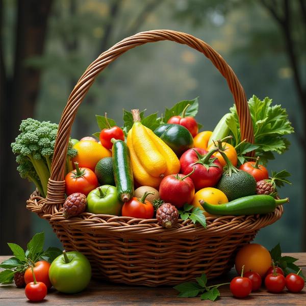 Cesta cheia de frutas e verduras em um sonho