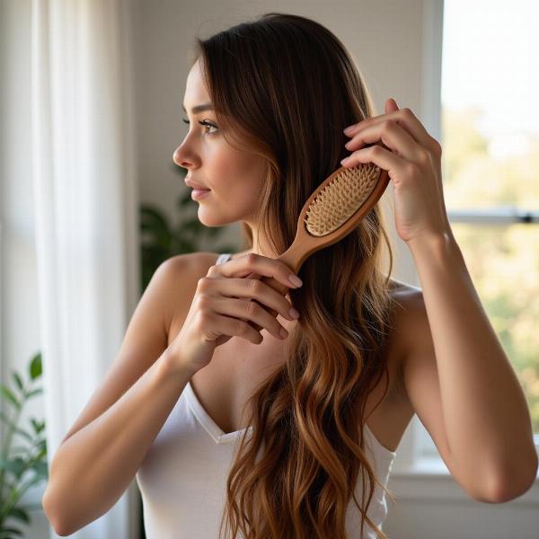 Sonhar com escova de cabelo: Penteando os cabelos longos e brilhantes com uma escova de madeira.