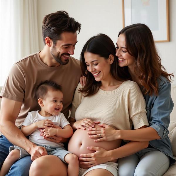 Uma família feliz celebrando a gravidez, simbolizando novos começos e alegria compartilhada