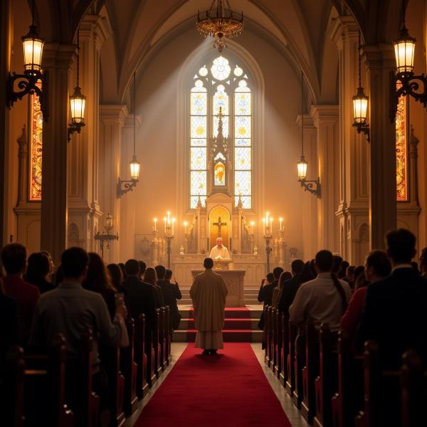 Uma missa sendo celebrada em uma igreja católica cheia de fiéis.