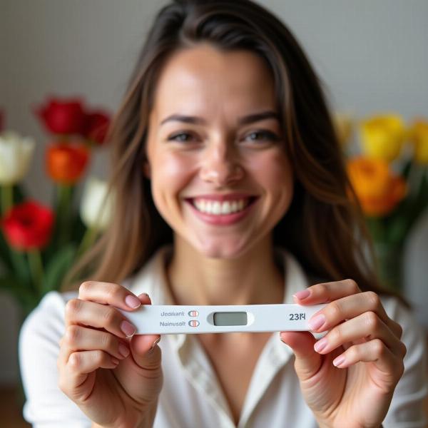 Uma mulher solteira sorridente segurando um teste de gravidez positivo, com flores ao fundo