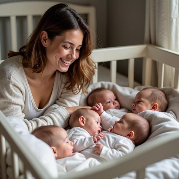 Mãe sorrindo olhando para vários bebês em um berço