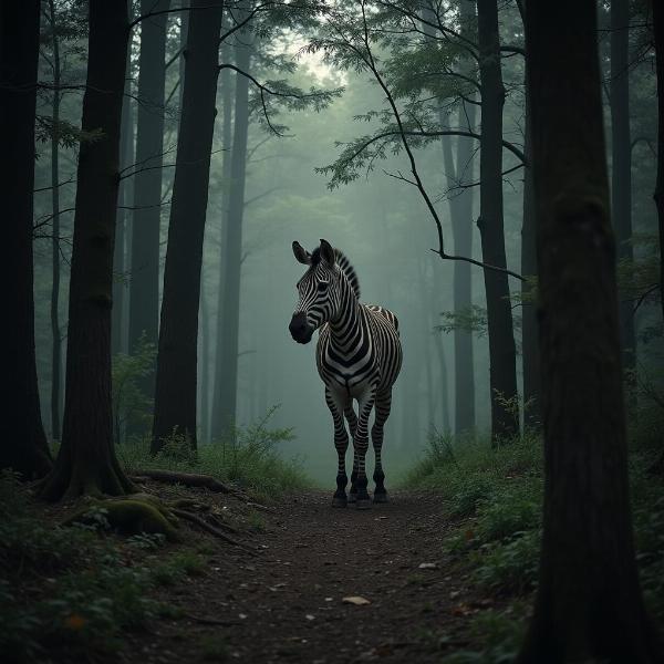 Zebra confusa e perdida em uma floresta densa