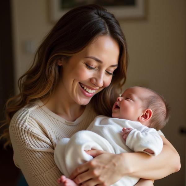 Mãe feliz segurando seu bebê recém-nascido