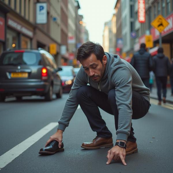 Homem ansioso procurando sapato perdido na rua em um sonho.