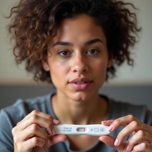 Mulher pensativa olhando um teste de gravidez positivo