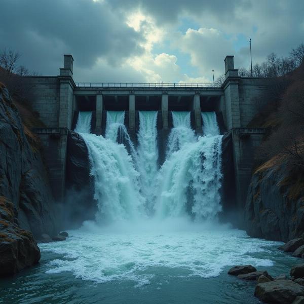 Água transbordando de uma barragem rompida em um sonho.