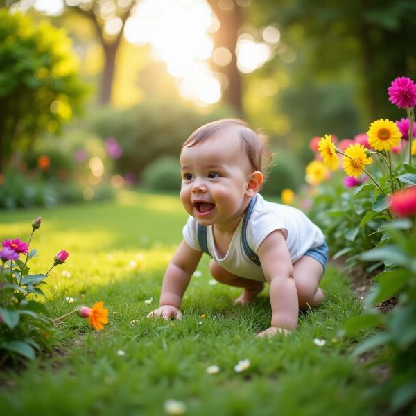 Bebê engatinhando em um jardim