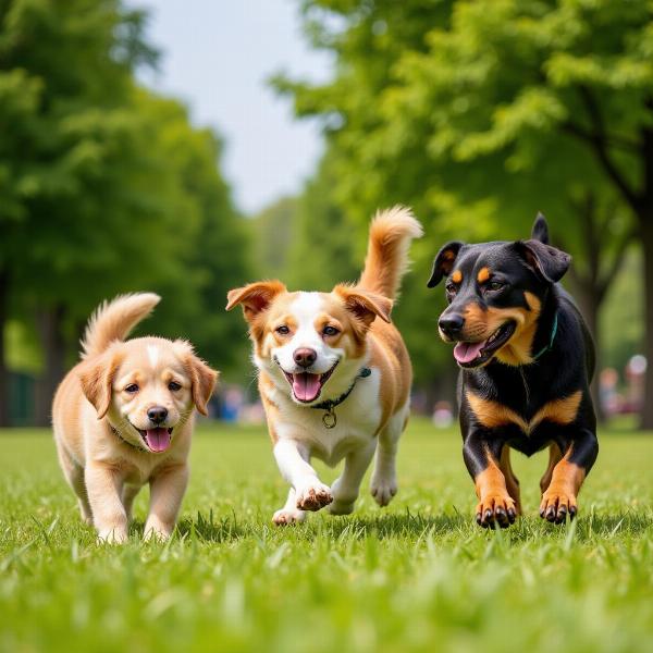 Sonho com três cachorros brincando juntos em um parque.