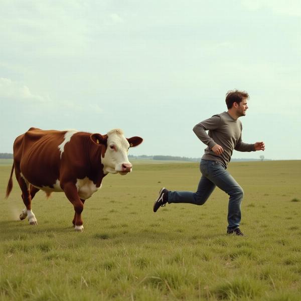 Pessoa correndo de uma vaca brava em um campo aberto