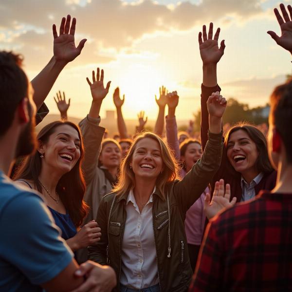 A group of people celebrating together, expressing joy and gratitude for fulfilled dreams.