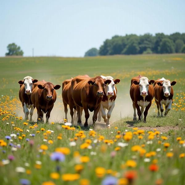 Vacas correndo calmamente em um campo florido