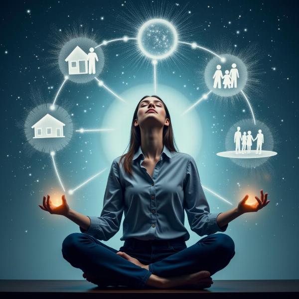 Uma pessoa meditando e visualizando seus sonhos, com imagens sobrepostas de seus objetivos, como uma casa, uma família e uma carreira bem-sucedida.