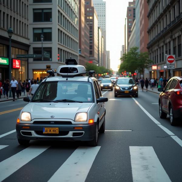 Carro andando sozinho em uma cidade movimentada