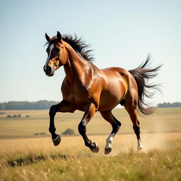 Cavalo marrom correndo em campo aberto