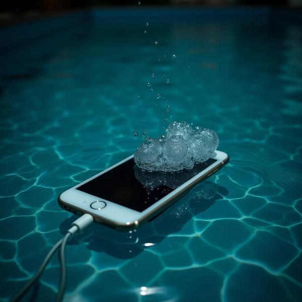 Celular submerso na água, transmitindo preocupação e perda