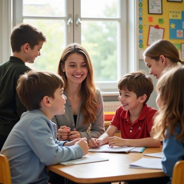 Alunos felizes interagindo em uma escola iluminada e acolhedora