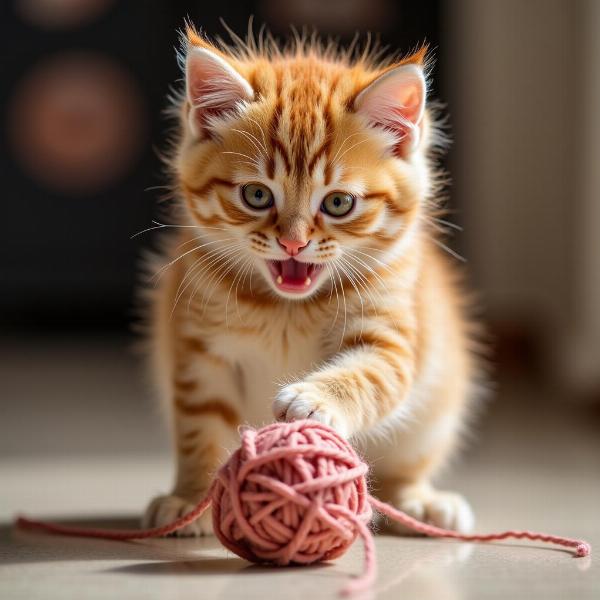 Gato laranja filhote brincando com um novelo de lã.