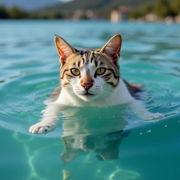 Gato nadando em água calma