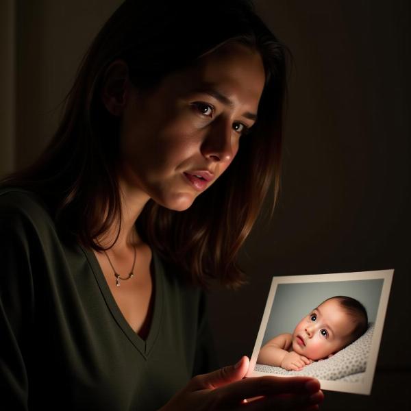 Uma mulher olhando pensativa para uma foto de um bebê, expressando sentimentos de perda e saudade.