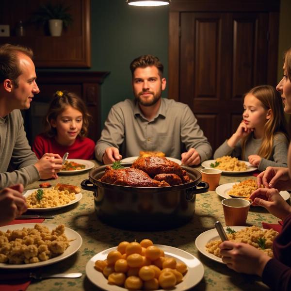 Mesa de família com carne cozida na panela no centro