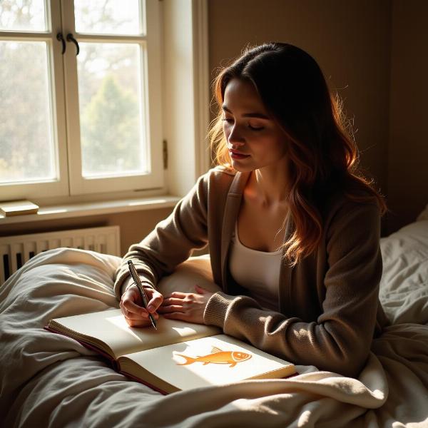 Mulher anotando seu sonho com peixe laranja