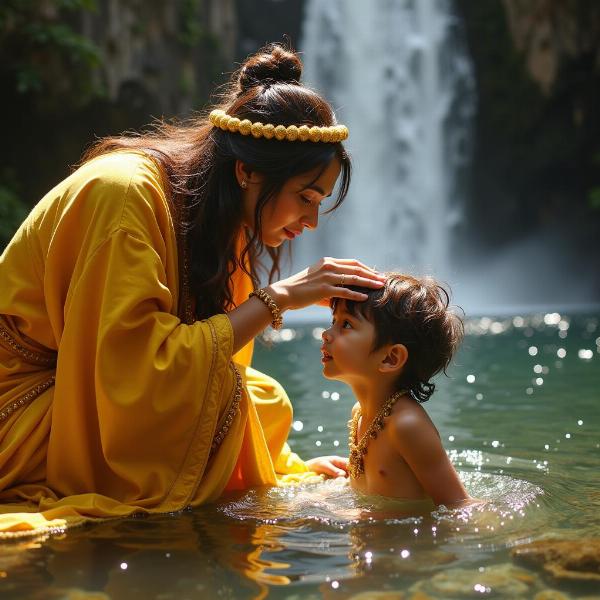 Oxum abençoando uma criança em uma cachoeira