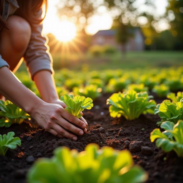 Plantando alface em uma horta ensolarada