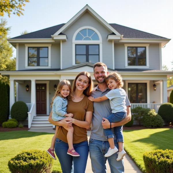 Família feliz em frente à sua casa no Residencial Sonho Meu