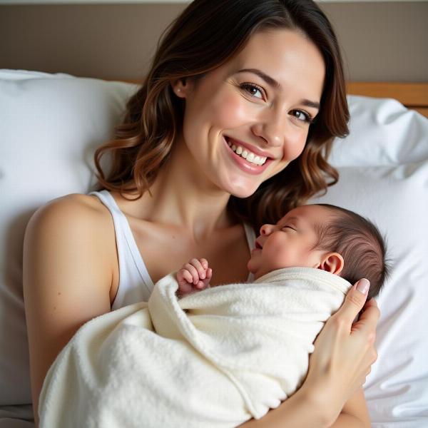 Mãe sorridente segurando um bebê recém-nascido