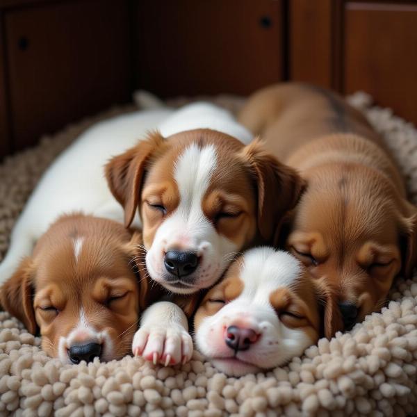 Cachorros filhotes dormindo tranquilamente.