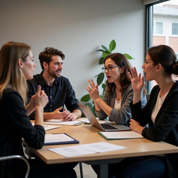 Discussão no trabalho durante uma reunião: Imagem de pessoas em uma sala de reunião, discutindo em tom elevado, com expressões de raiva e frustração. Papéis e laptops estão sobre a mesa.